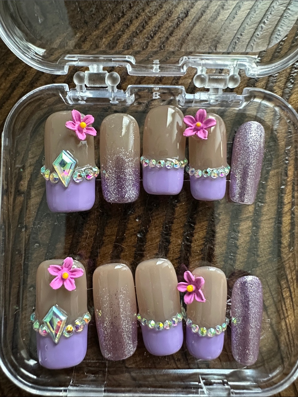 Handmade Lavender Rhinestone Press-On Nails with Pink Flowers